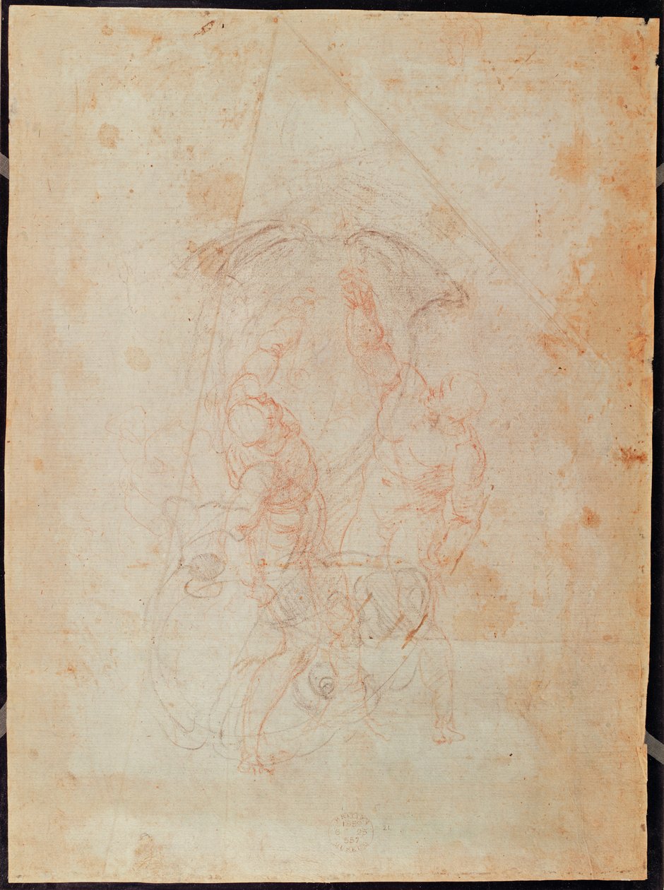 Két férfialak tanulmányozása (piros kréta papíron) (fordítva) alkotó: Michelangelo Buonarroti