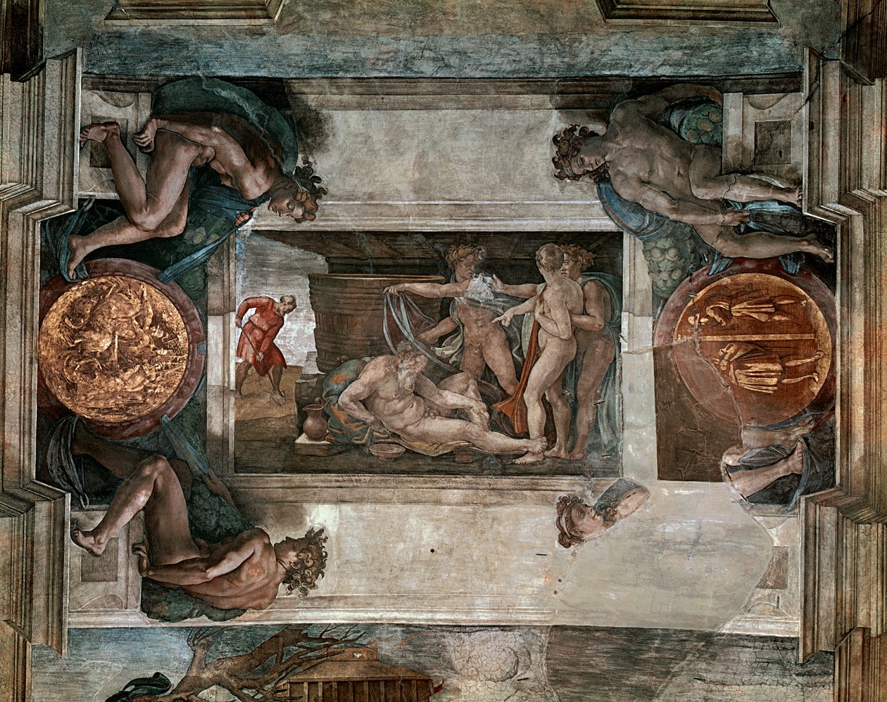 Noé részegsége, részlet a Sixtus-kápolna mennyezetéről, 1508-12 alkotó: Michelangelo Buonarroti
