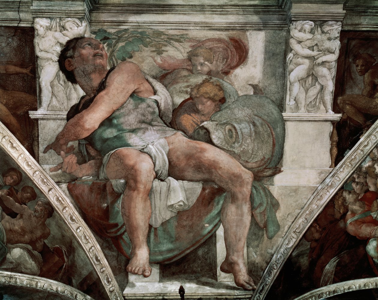 Jónás próféta, a Sixtus-kápolnából, 1538-41 (restaurálás előtt) alkotó: Michelangelo Buonarroti
