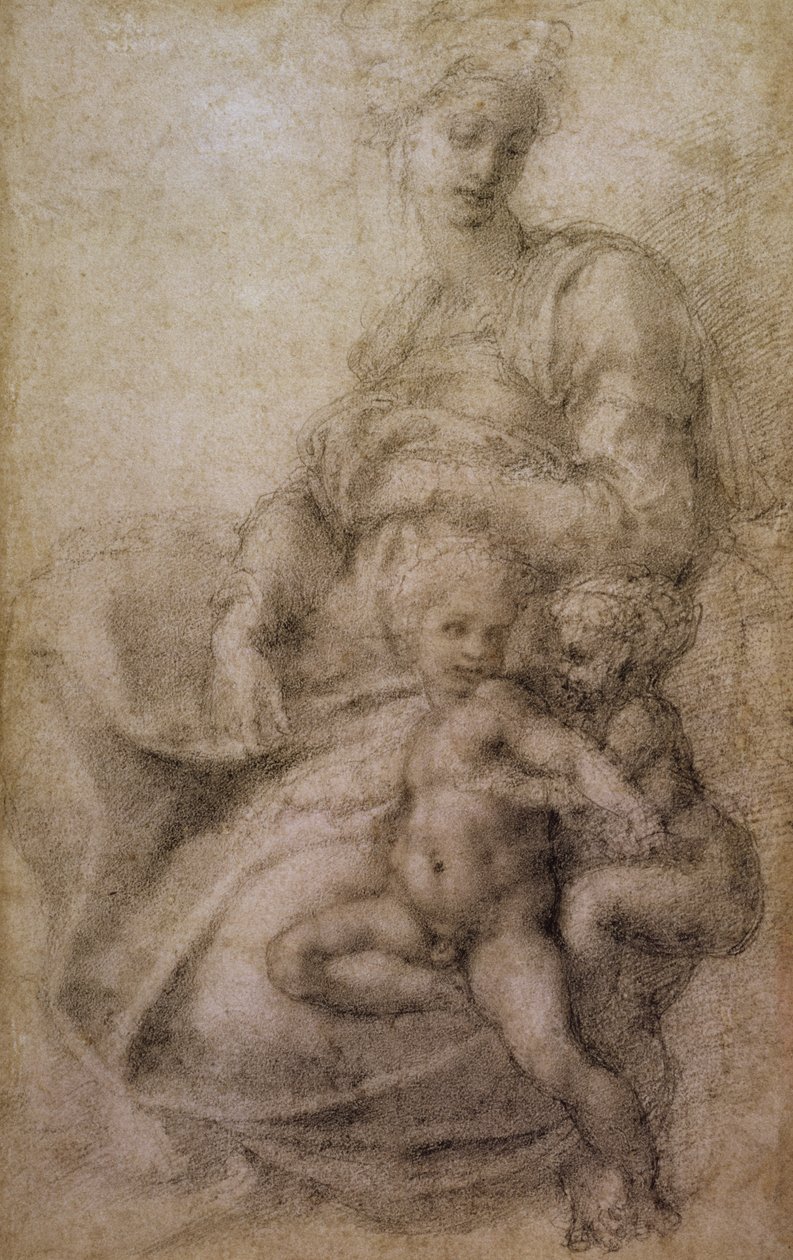 A Szűz és a Gyermek a csecsemőkeresztelővel, 1530 körül (fekete kréta papíron) alkotó: Michelangelo Buonarroti