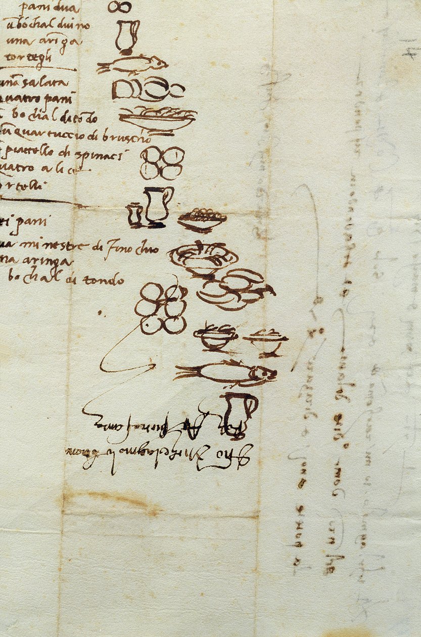 Ideogrammokkal leírt élelmiszerek három különböző listája, 1518 (tinta papíron) alkotó: Michelangelo Buonarroti