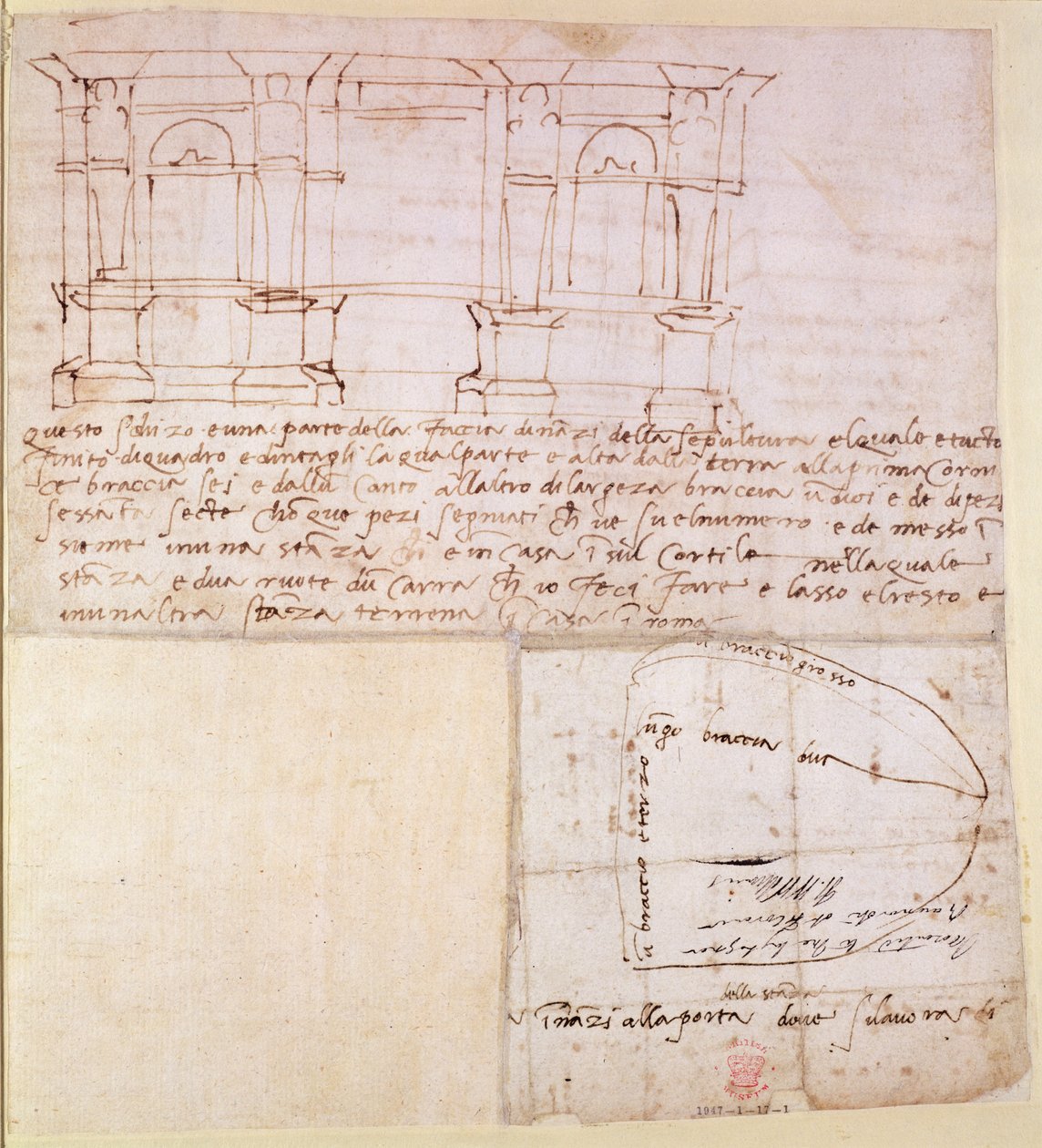 W.23r Építészeti vázlat jegyzetekkel (toll és tinta) alkotó: Michelangelo Buonarroti