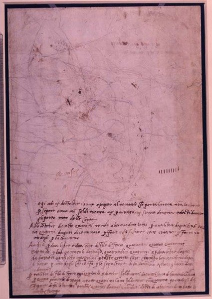 W.31 Oldal vázlatfüzetből, forgatókönyvvel (tintával papíron) alkotó: Michelangelo Buonarroti