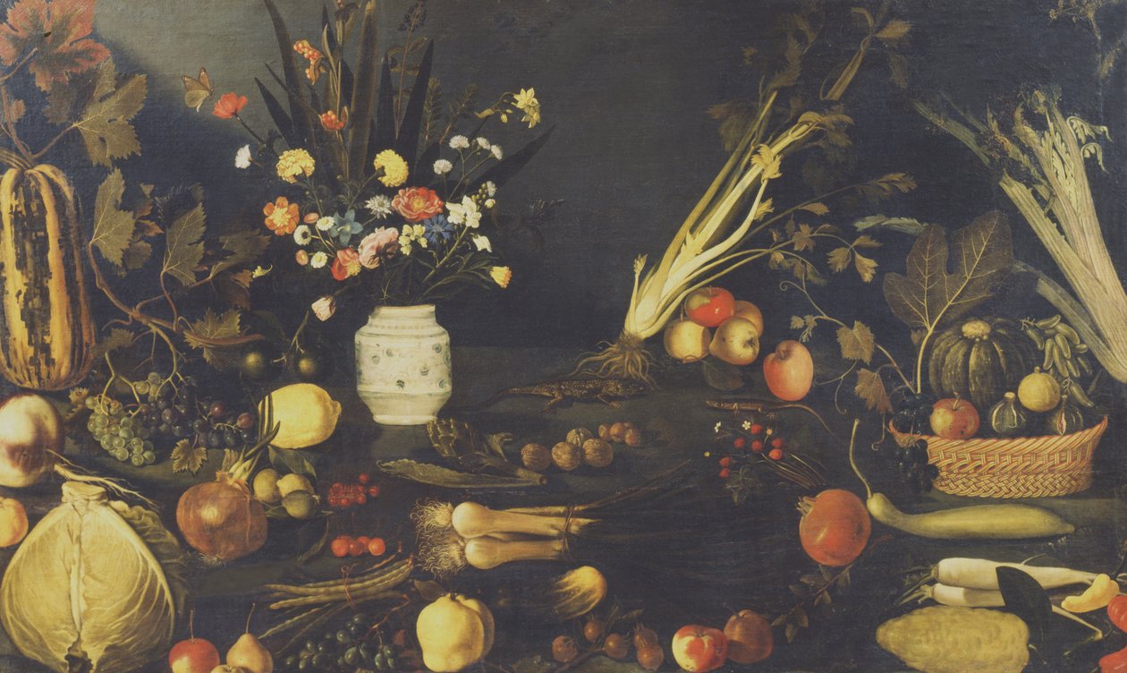 Csendélet virágokból, gyümölcsökből és zöldségekből, 1594 körül alkotó: Michelangelo Merisi Caravaggio