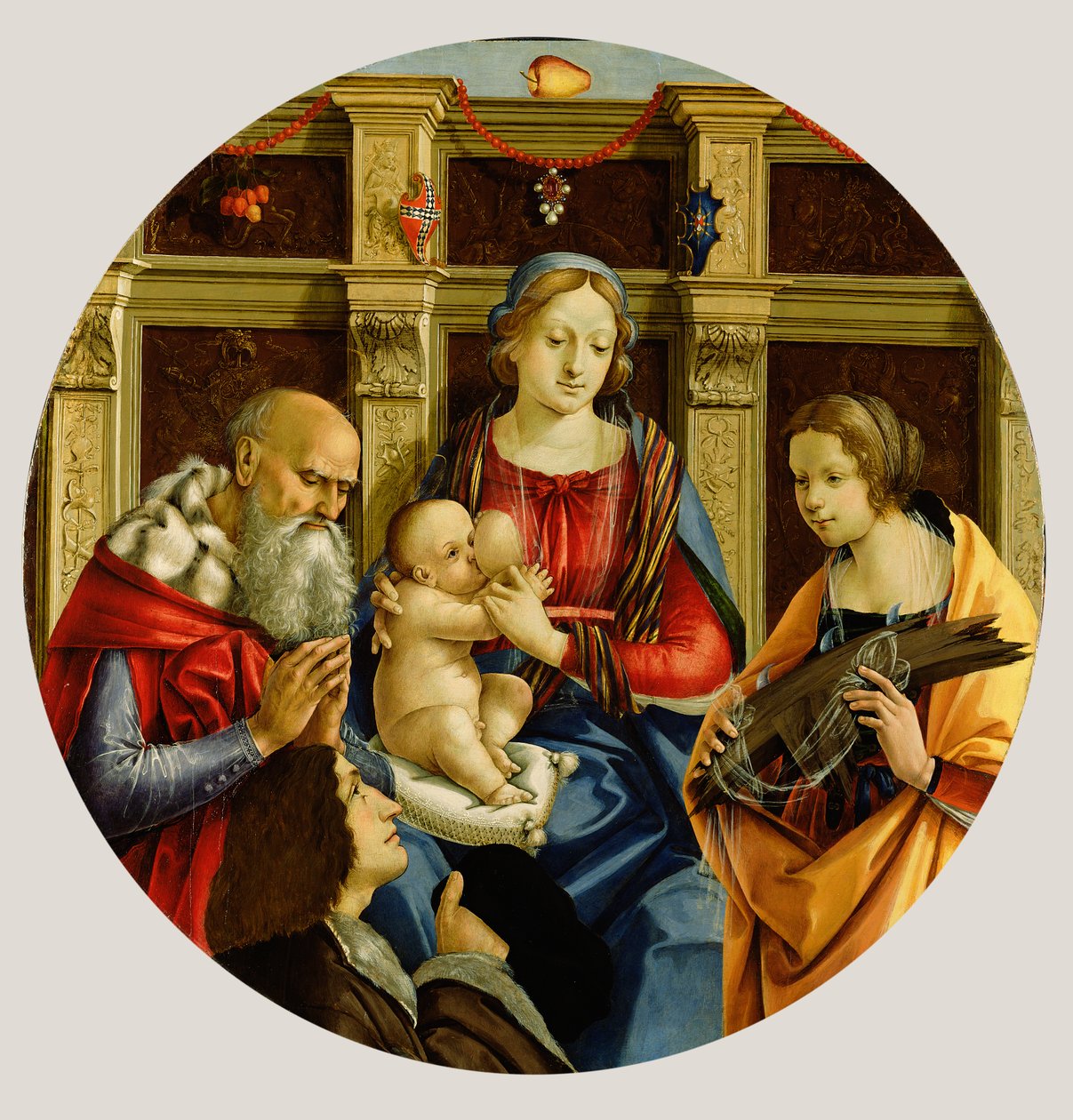 Madonna és gyermeke egy férfiszenttel, Alexandriai Katalinnal és egy donorral, 1500 körül (tempera a panelen) alkotó: Michelangelo di Pietro Membrini