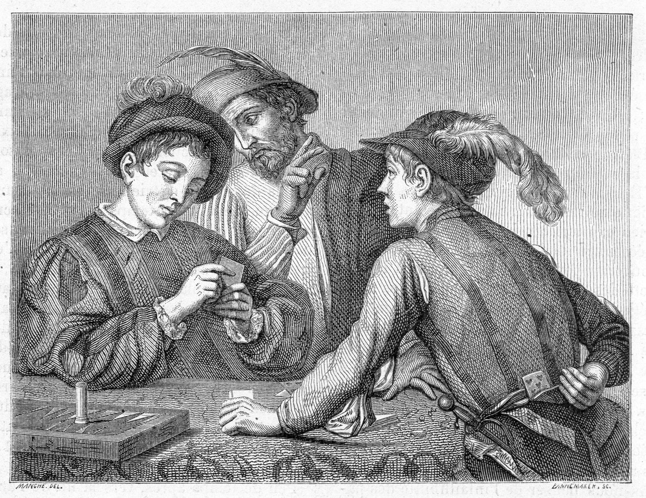 A csalók. századi metszet, amely Caravaggio (il Caravaggio) munkáját ábrázolja 1596 körül. alkotó: Michelangelo (after) Caravaggio