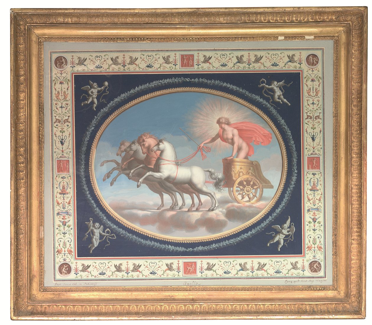 A négy díszítőpanelből álló sorozat egyik darabja, amely Apollót, Marsot, Vénuszt és Merkúrt ábrázolja szekereken, pompeji groteszkekkel körülvéve (metszet, testszín, papír). alkotó: Michelangelo (studio of) Maestri
