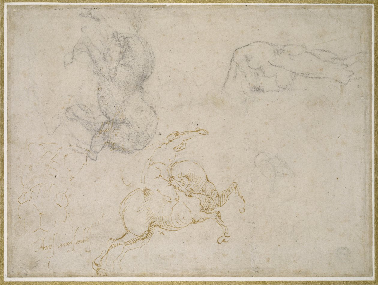 A Horseman töltése és egyéb tanulmányok (toll és barna tinta fekete krétával, törtfehér papíron) alkotó: Michelangelo Buonarroti