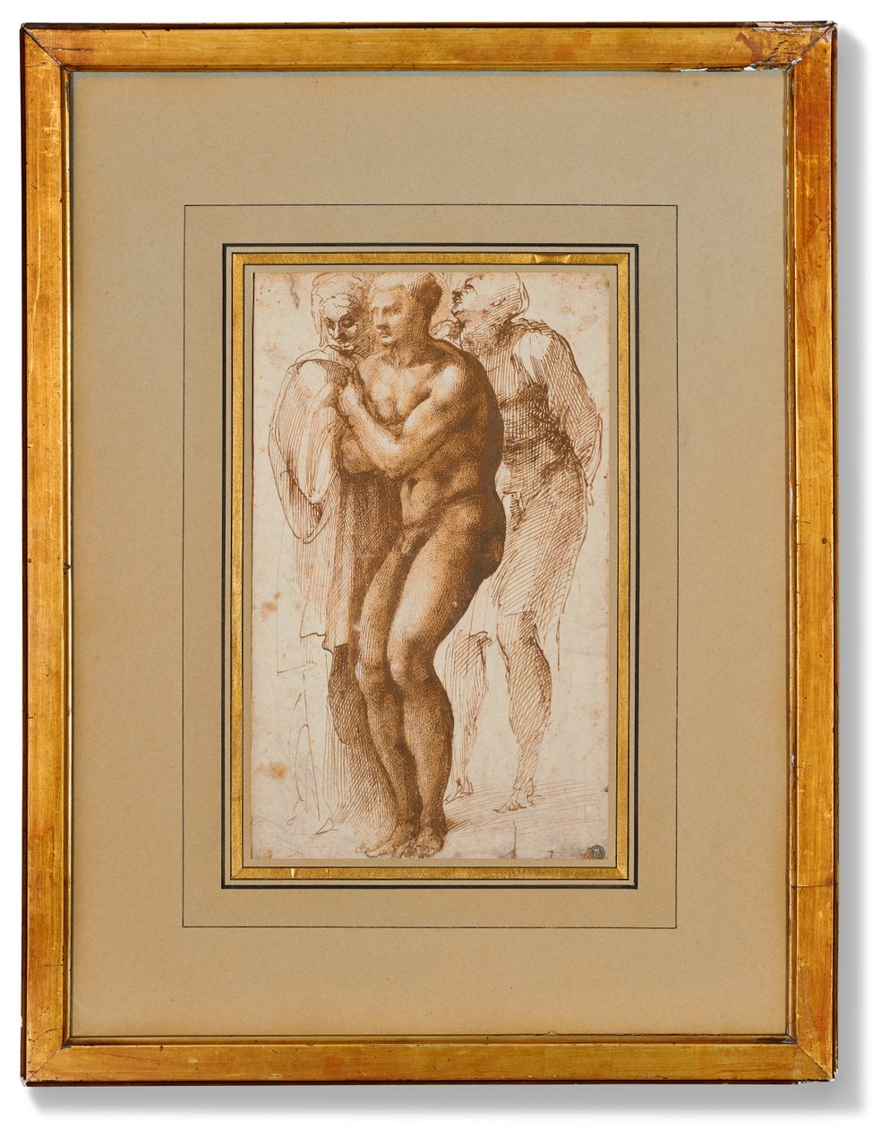 Akt férfi (Masaccio után) és mögötte két alak (toll és két barna tintaárnyalat, barna tus, vízjel) alkotó: Michelangelo Buonarroti