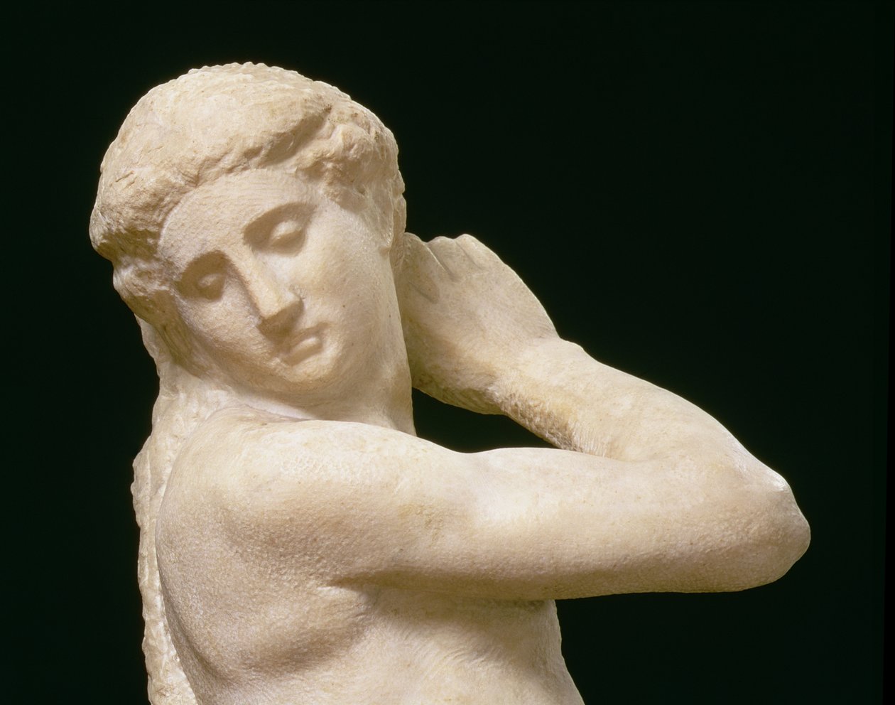 Apolló vagy Dávid, részlet a fejről, Michelangelo Buonarroti szobra 1475-1564 részlet a 79842-ből alkotó: Michelangelo Buonarroti
