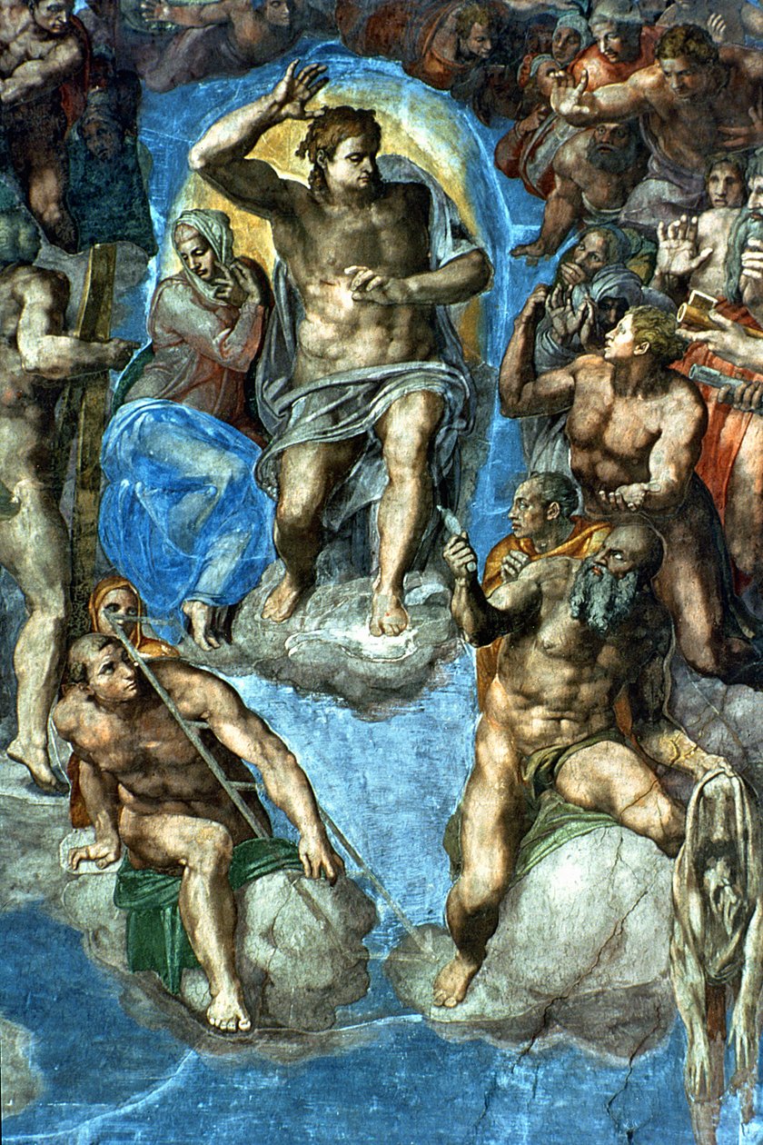 Krisztus, részlet az „Utolsó ítéletből” a Sixtus-kápolnában, 16. század Michelangelo önarcképével, mint Szent Bertalan, aki lenyúzott bőrt tart alkotó: Michelangelo Buonarroti