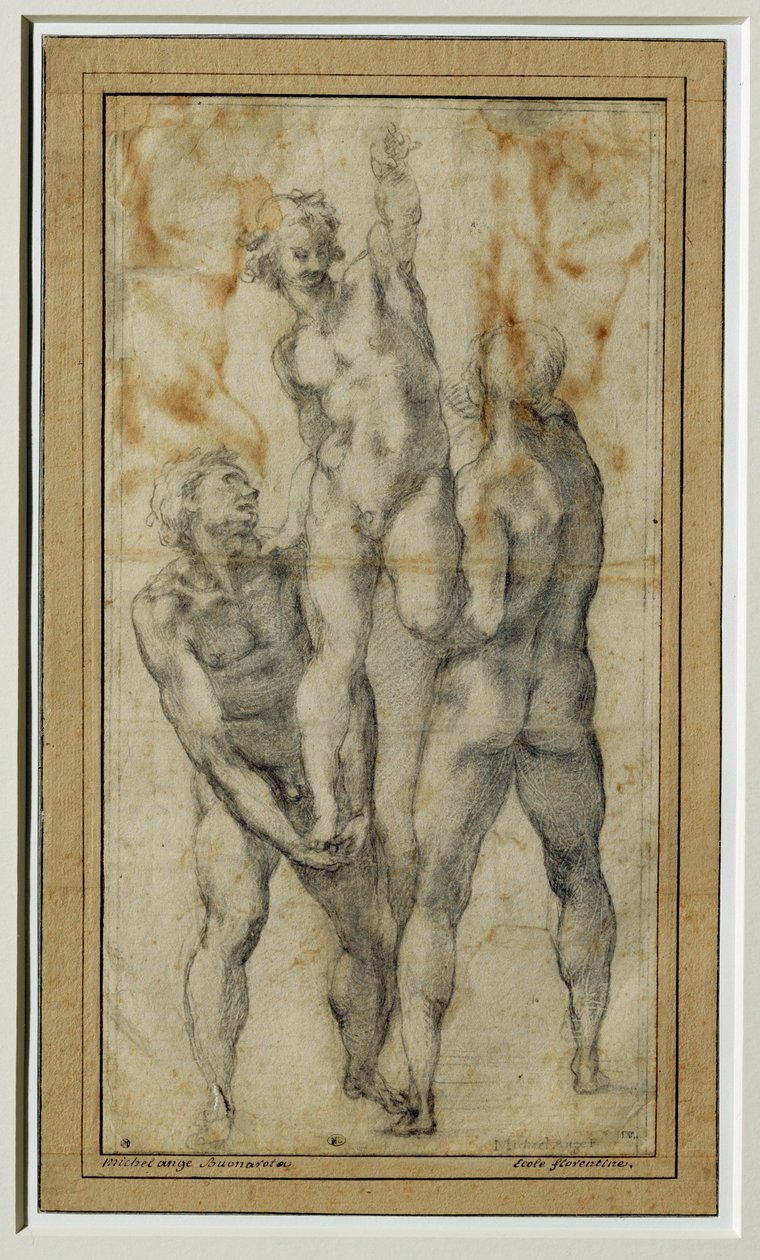 Két meztelen férfi emel egy harmadikat, 1502-06 körül ... alkotó: Michelangelo Buonarroti