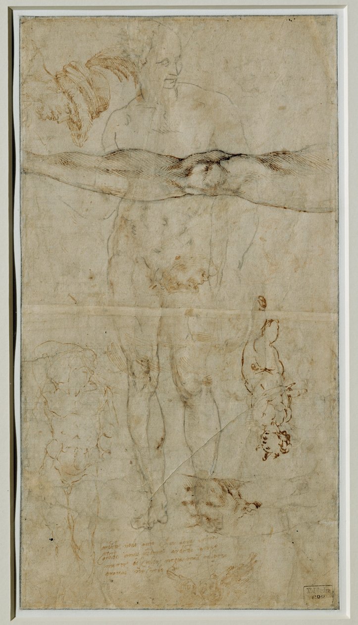 Különböző figurákat ábrázoló tanulmányok, Petrarca szonettje alapján készült felirat, 1506 körül ... alkotó: Michelangelo Buonarroti