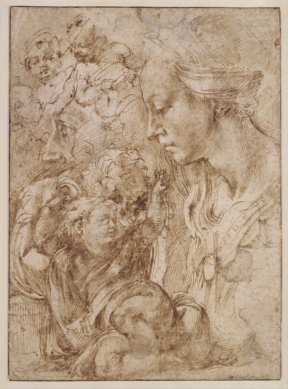 "Tanulmányok egy szent családnak Keresztelő Jánossal mint gyermekkel" (Studies for a Holy Family with John the Baptist as Child) Michelangelo Buonarroti (1475-1564) rajza - 1505 - Toll, ecset, indiai tinta papíron Dim 28, 7x20 ,9 cm Staatliche Museen, Berl alkotó: Michelangelo Buonarroti
