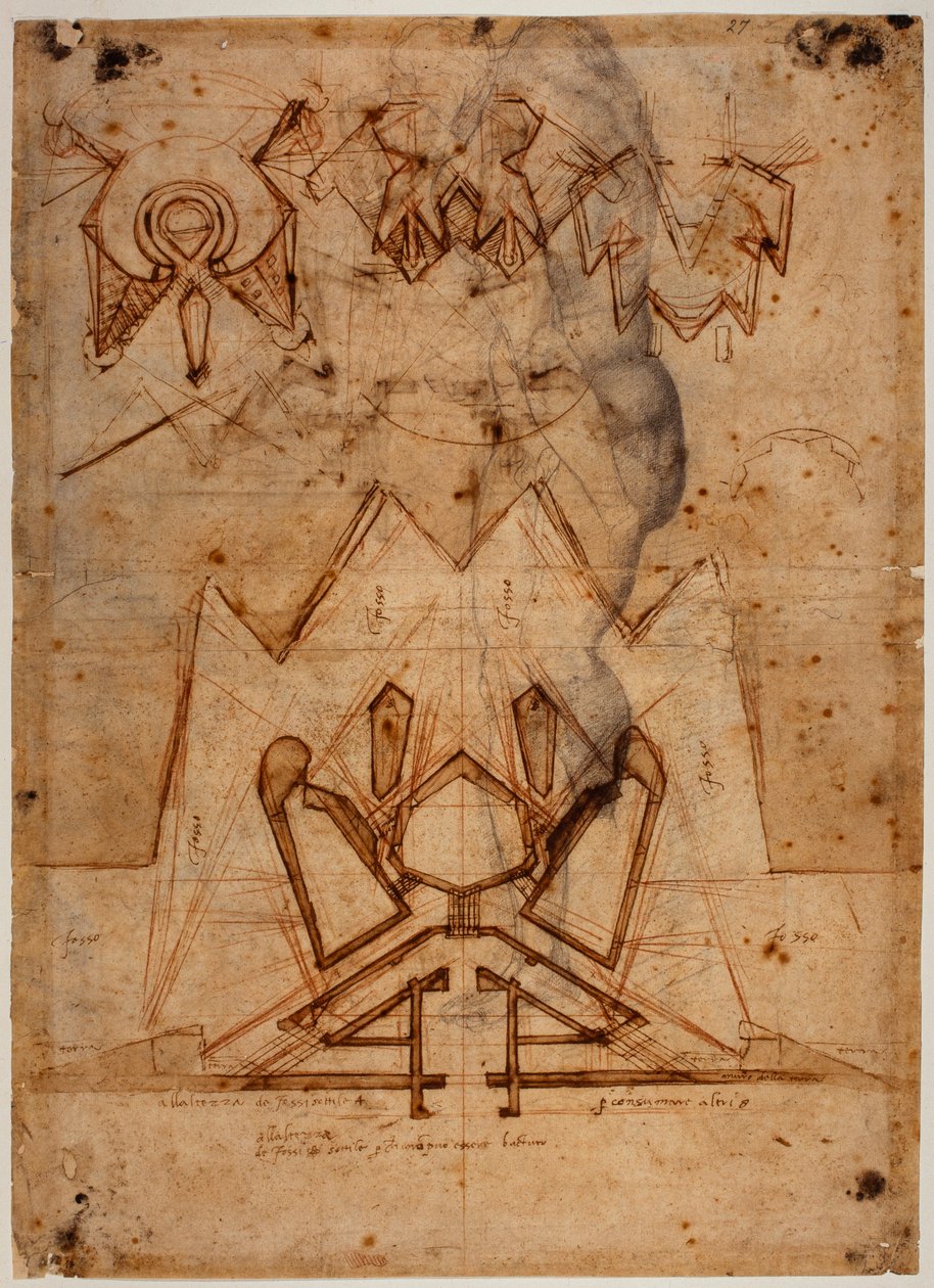 A Porta al Prato erődítményei, vázlatos ábrák alkotó: Michelangelo Buonarroti