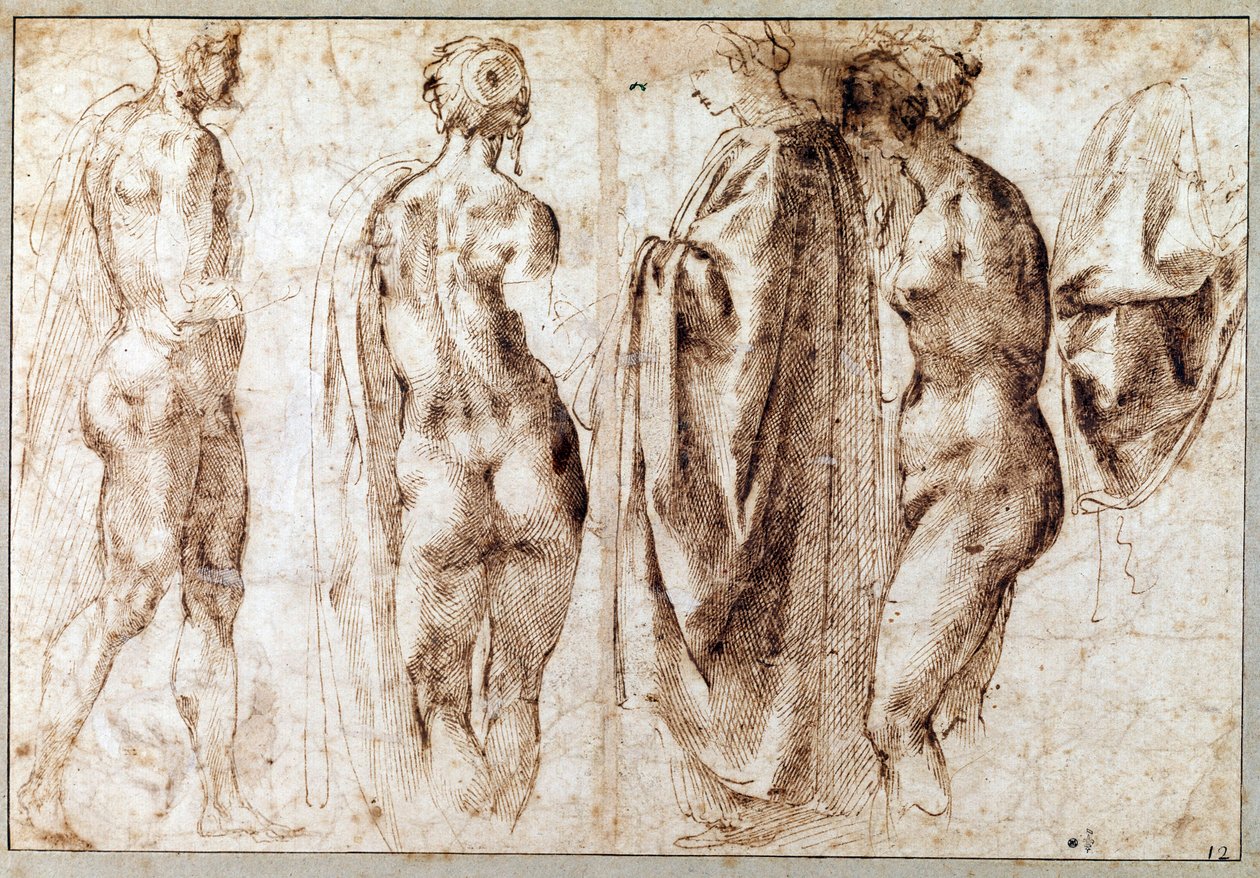 Négy álló figurából és egy kendőből álló csoport Rajz Michelangelo Buonarroti dit Michelangelo (Michelangelo vagy Michel Ange) tollában alkotó: Michelangelo Buonarroti