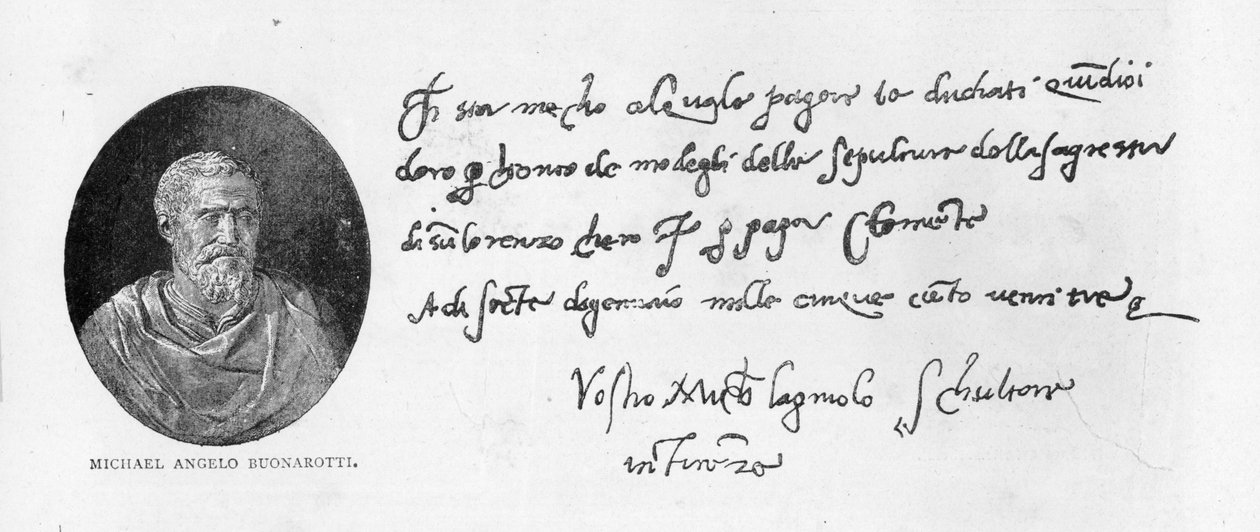 Michelangelo Buonarroti kézírása és aláírása (toll és tinta papíron) alkotó: Michelangelo Buonarroti