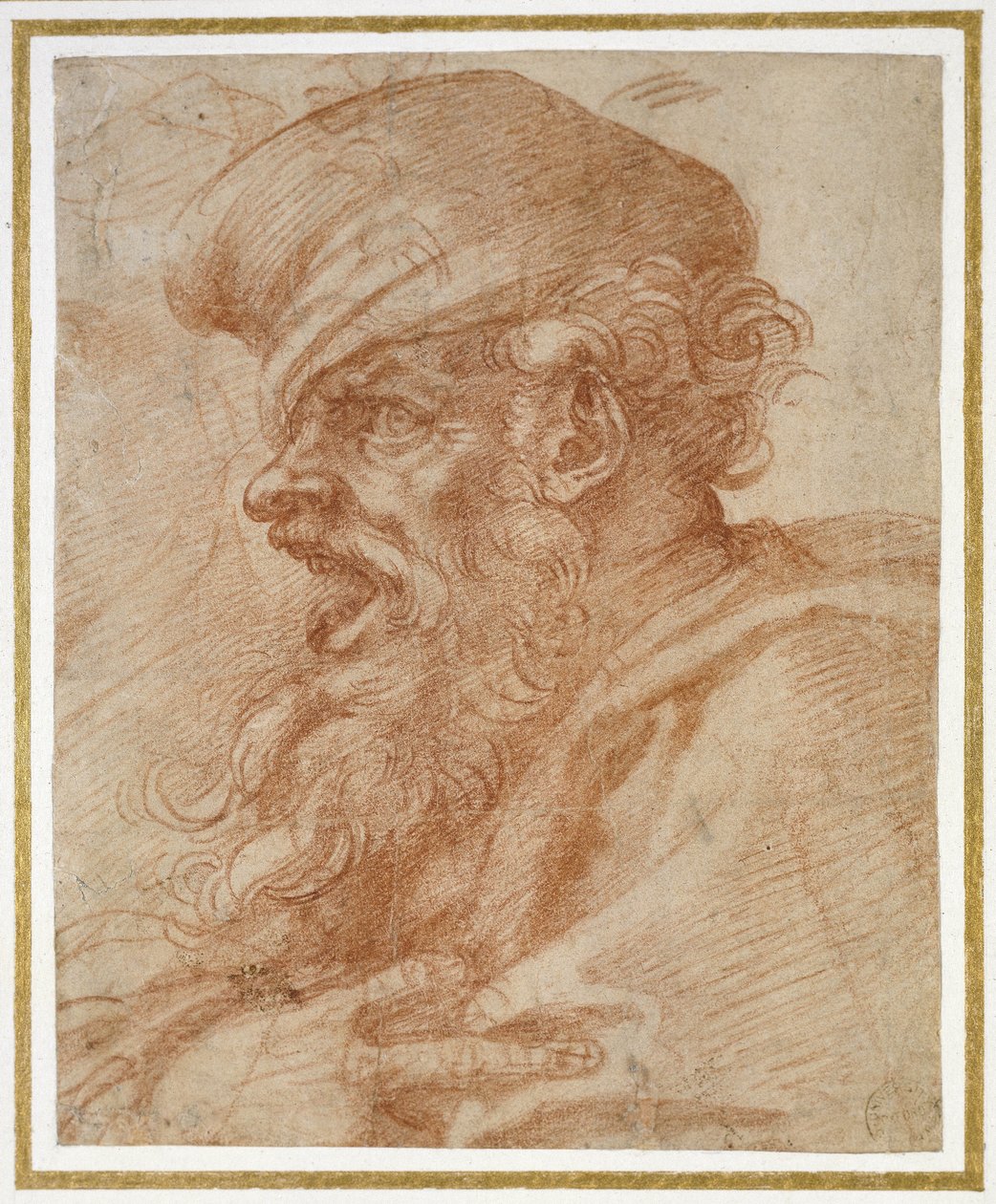 Kiabáló szakállas férfi feje, 1525 körül (piros kréta papíron) alkotó: Michelangelo Buonarroti