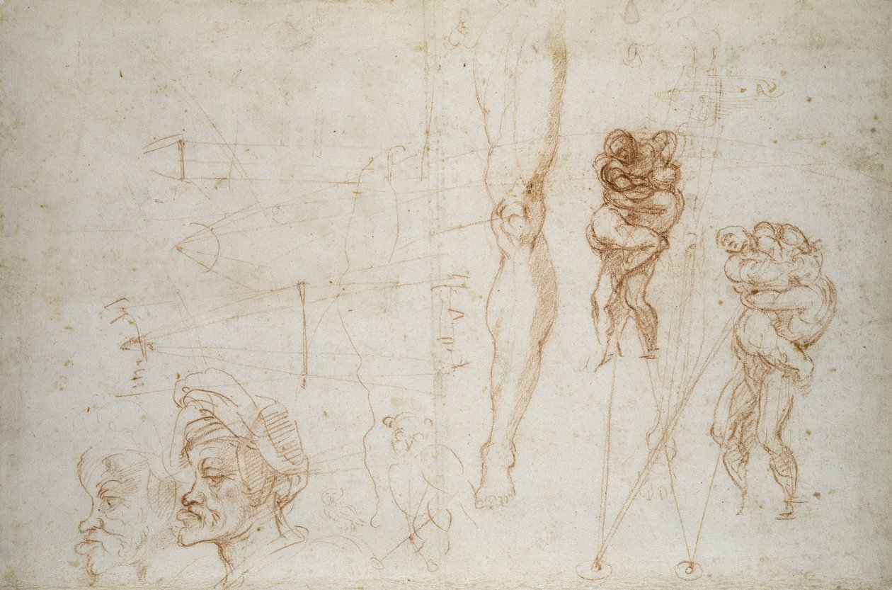 Herkules és Antaeus és más tanulmányok, 1525-28 körül (kréta papíron) alkotó: Michelangelo Buonarroti