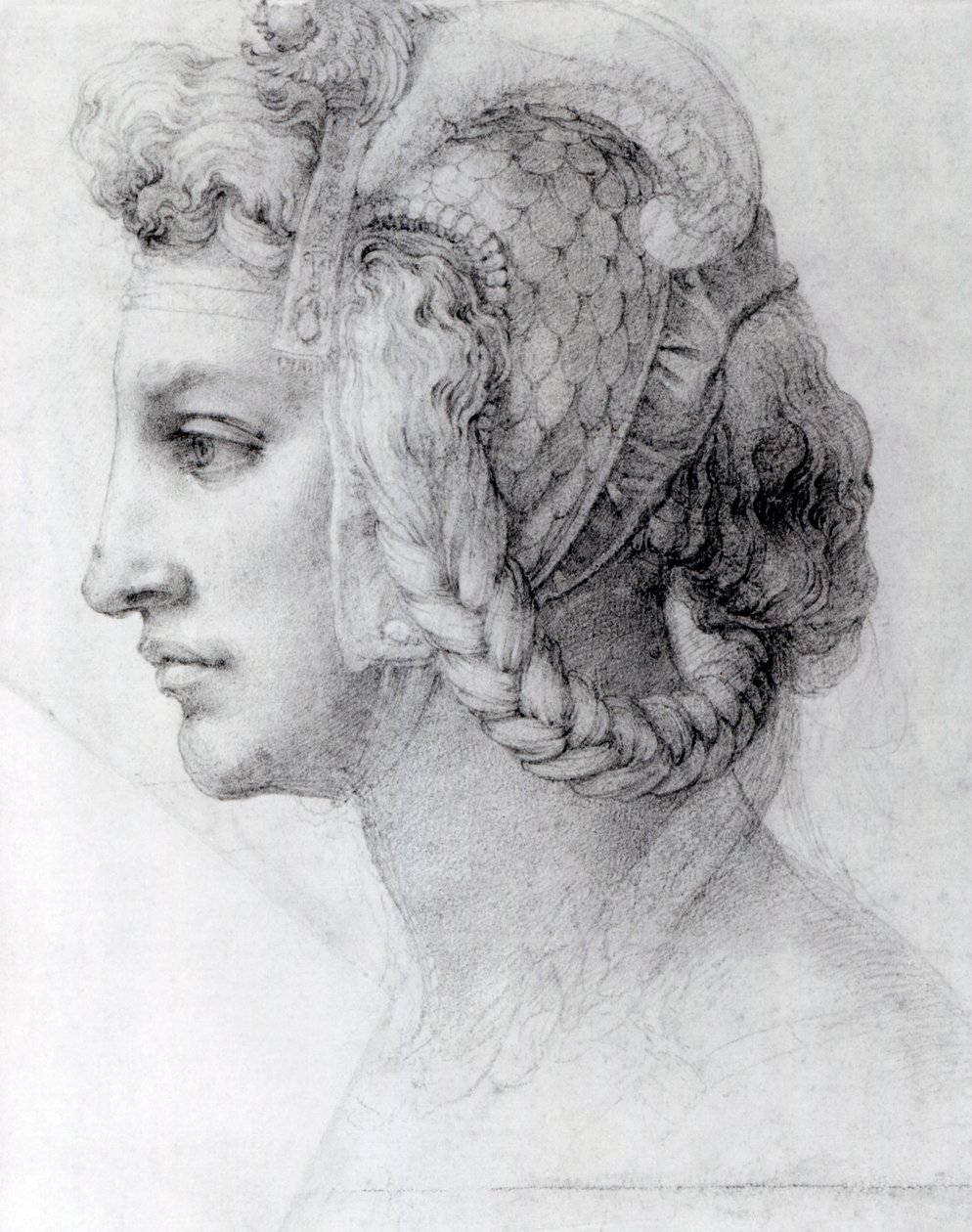 Ideális nőfej, 1525-28 körül (fekete kréta papíron) alkotó: Michelangelo Buonarroti