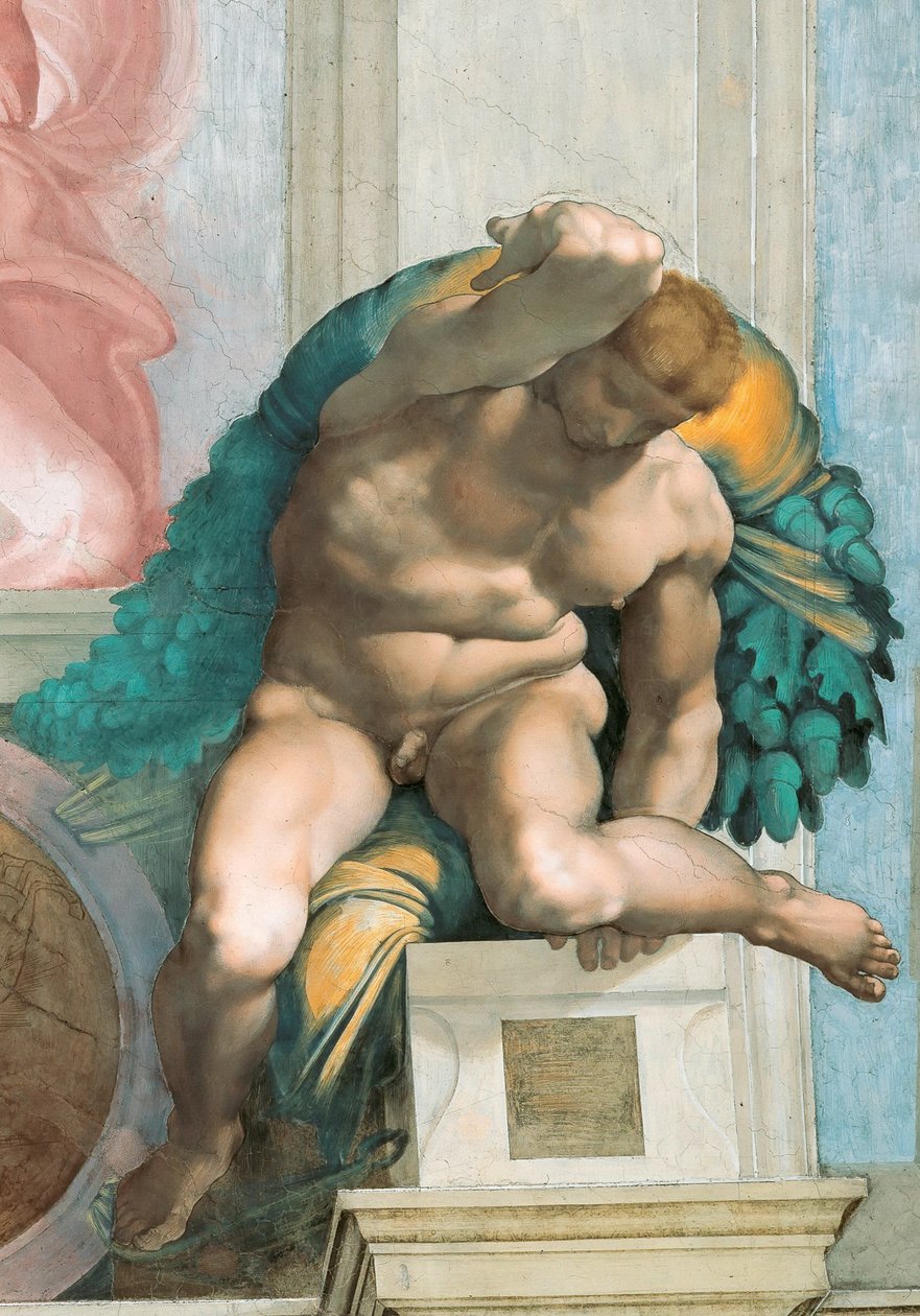 Ignudo Sixtus-kápolna mennyezete a Vatikánban, 1508-1512. alkotó: Michelangelo Buonarroti