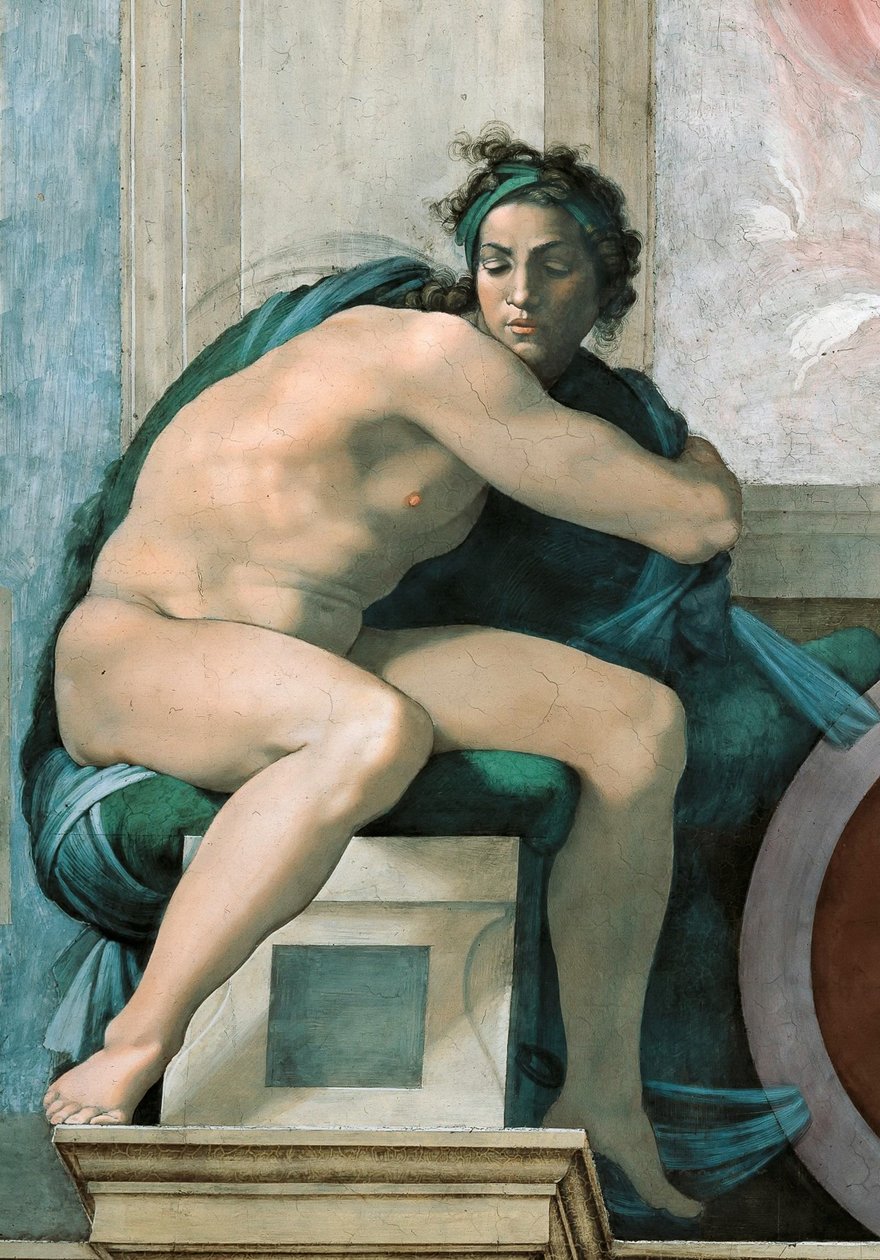 Az Ignudo Sixtus-kápolna mennyezete a Vatikánban, 1508-1512. alkotó: Michelangelo Buonarroti