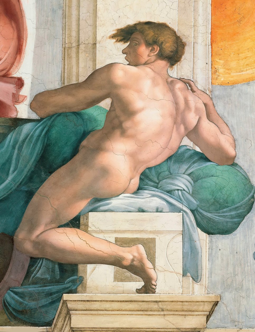 Az Ignudo Sixtus-kápolna mennyezete a Vatikánban, 1508-1512. alkotó: Michelangelo Buonarroti