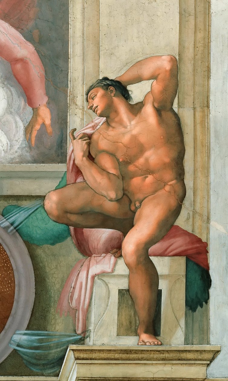 Az Ignudo Sixtus-kápolna mennyezete a Vatikánban, 1508-1512. alkotó: Michelangelo Buonarroti