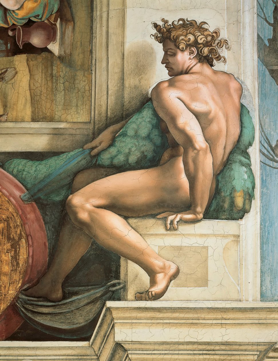 Az Ignudo Sixtus-kápolna mennyezete a Vatikánban, 1508-1512. alkotó: Michelangelo Buonarroti