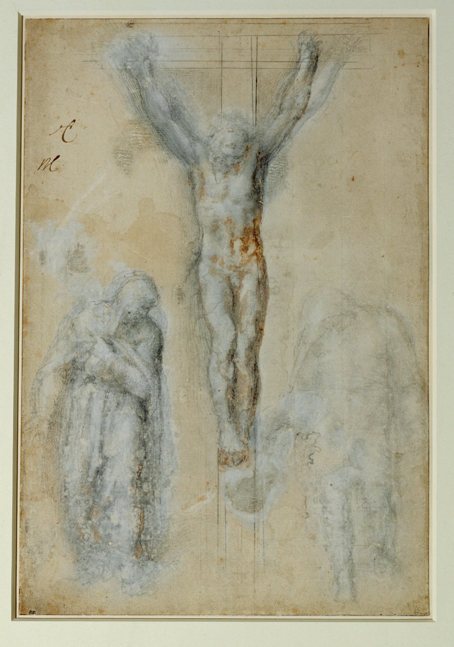 Krisztus a kereszten Szűz Mária és Szent János között, fekete kő, barna mosással és fehér ... alkotó: Michelangelo Buonarroti