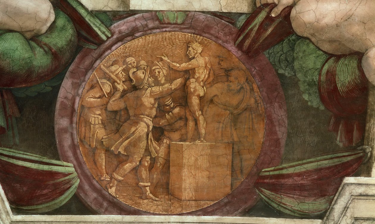 A medál a Baál Isten szobrának elpusztítását ábrázolja..., 1508-1512. alkotó: Michelangelo Buonarroti