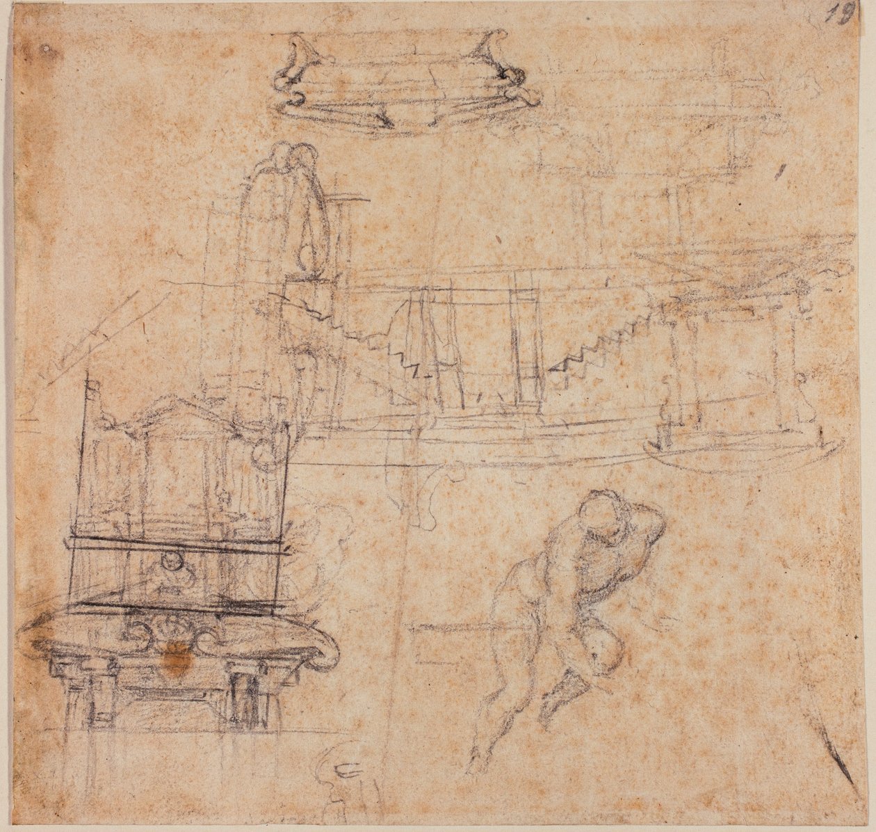 Különféle tanulmányok, Keresztelő Szent Jánoshoz, sírhoz és építészeti vázlatok. alkotó: Michelangelo Buonarroti
