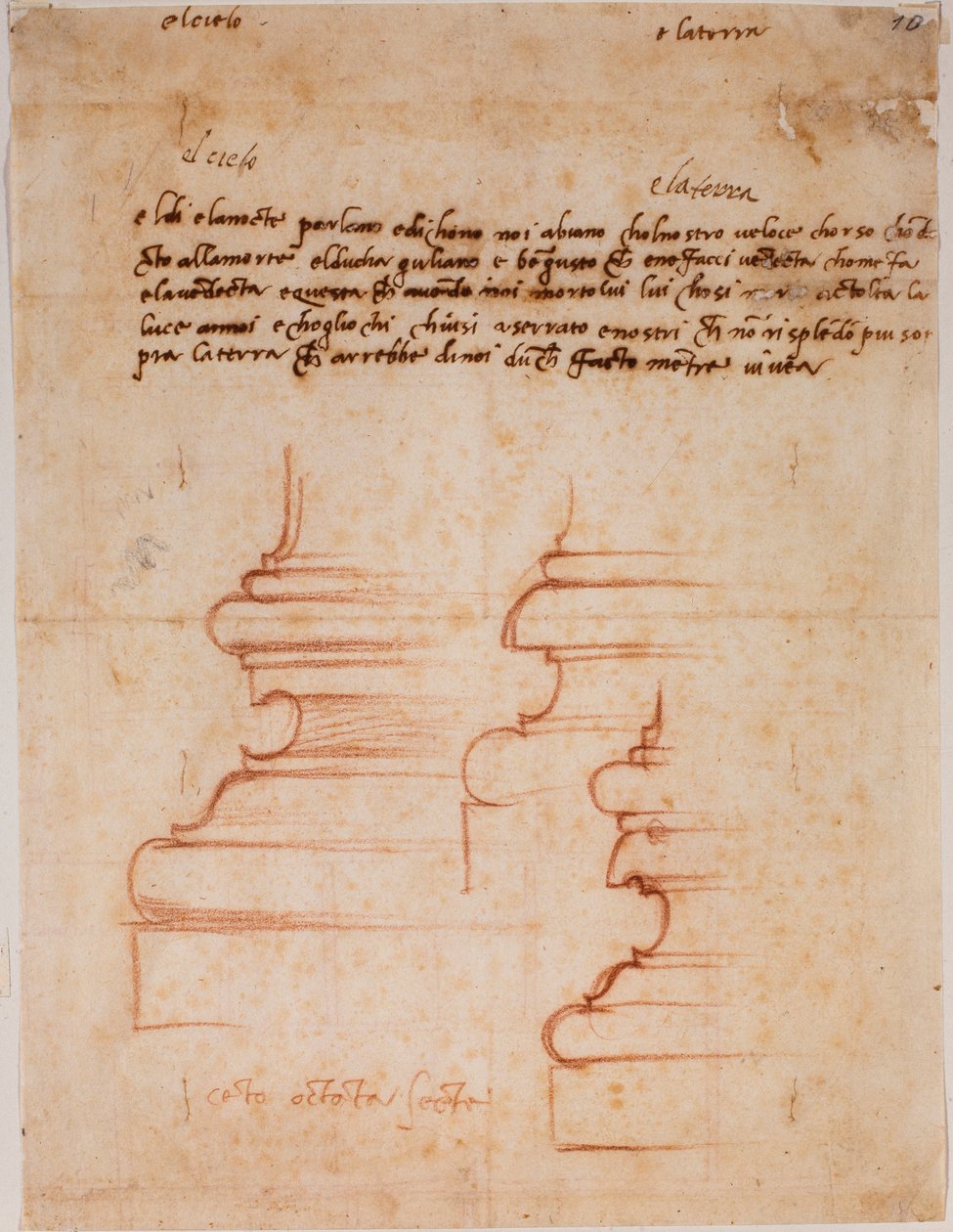 Az új sekrestye oszlopalapjai, kézzel írott feliratokkal alkotó: Michelangelo Buonarroti