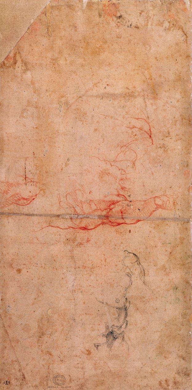 Előkészítő tanulmány Hámán büntetésére (vörös kréta és faszén papíron) (fordítva) alkotó: Michelangelo Buonarroti