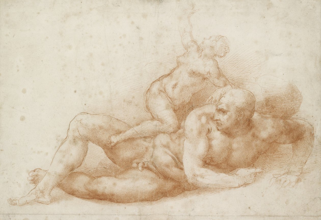 Sámson és Delila (piros kréta törtfehér papíron) alkotó: Michelangelo Buonarroti