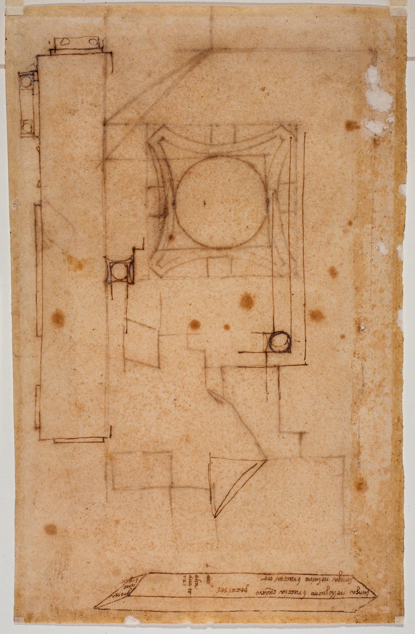 Tőkerészlet, homlokzati terv és vázlatok, méretek autográf jegyzeteivel alkotó: Michelangelo Buonarroti