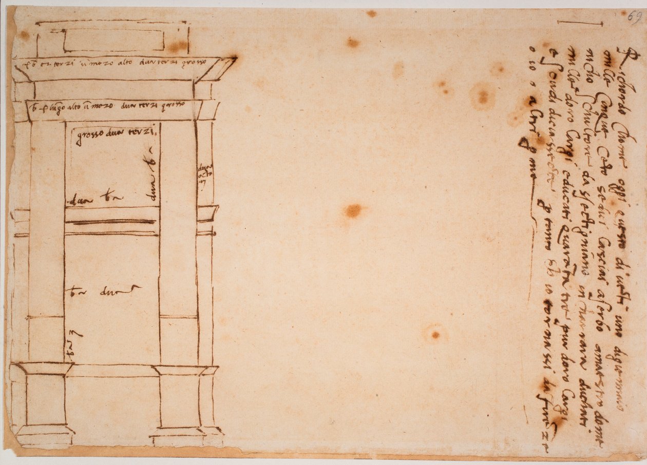 Julius II. sírjának oldalnézetét, autográf mementó alkotó: Michelangelo Buonarroti