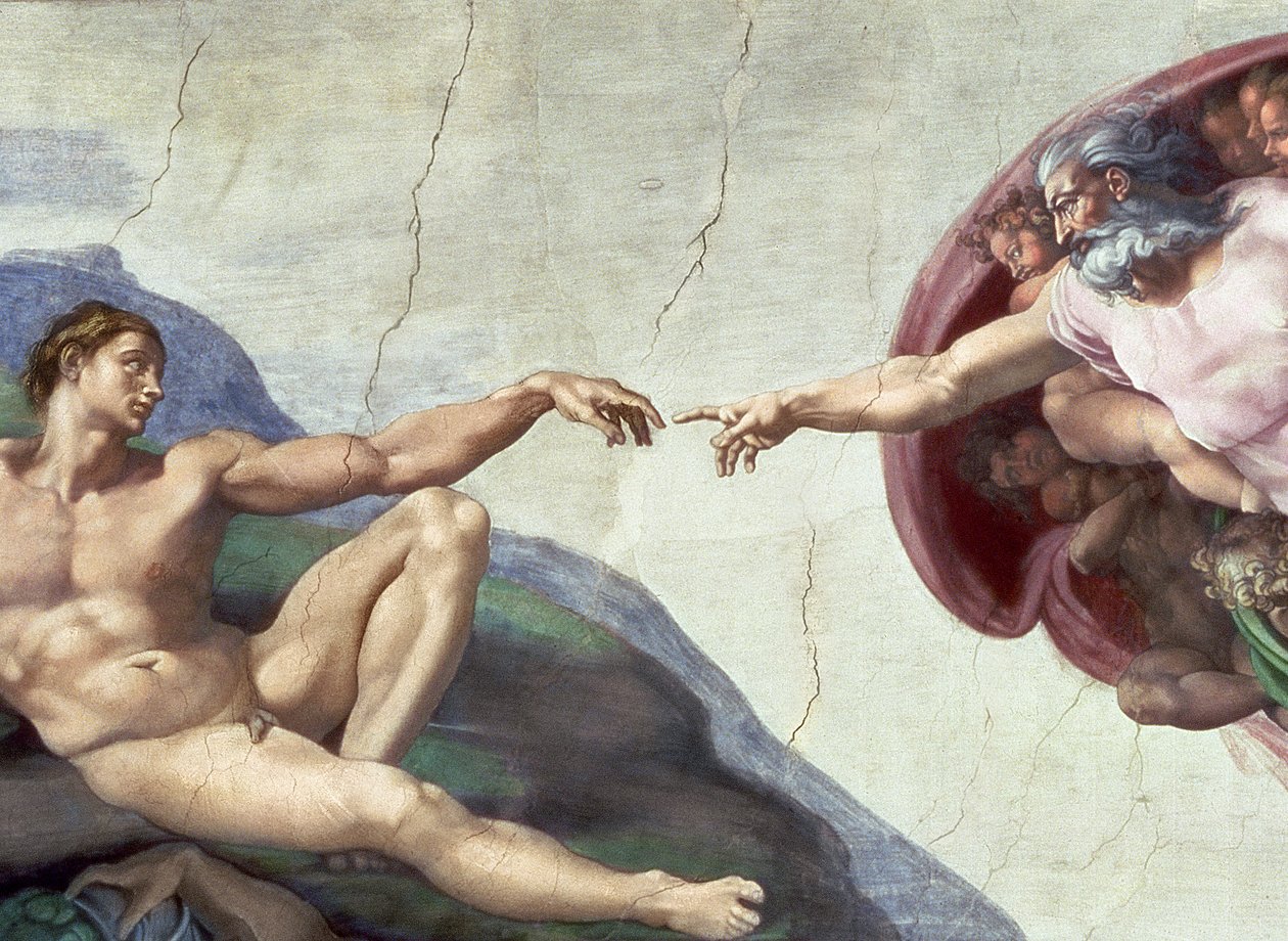 A Sixtus-kápolna mennyezete: Ádám teremtése, a kinyújtott karok részlete, 1510-es freskó utáni helyreállítás alkotó: Michelangelo Buonarroti
