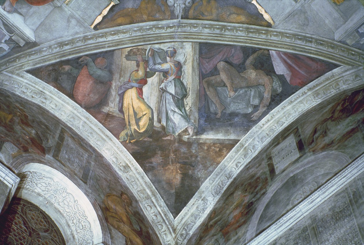 A Sixtus-kápolna mennyezete: Judit a Holofernész fejét hordozó (spandrel) (restaurálás előtt) alkotó: Michelangelo Buonarroti