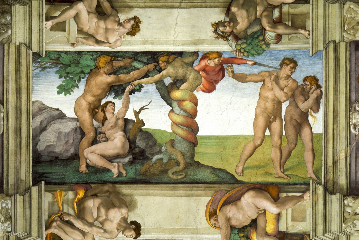 A Sixtus-kápolna mennyezete: Az ember bukása és a kiűzetés az Édenkertből, négy Ignudival alkotó: Michelangelo Buonarroti