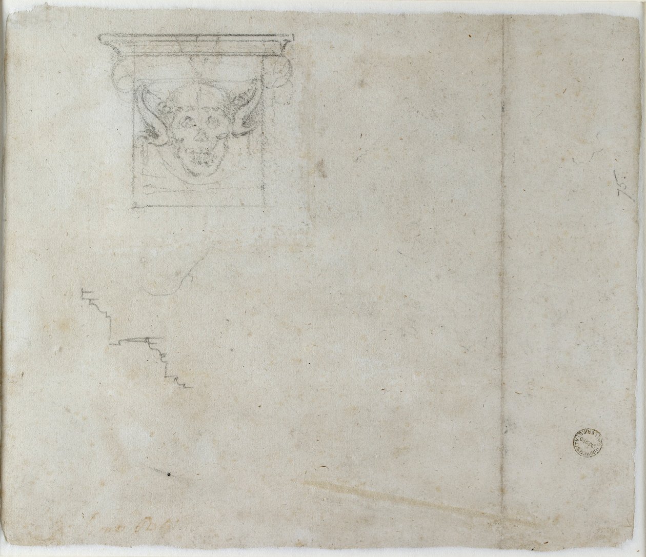 Tanulmányok az építészeti részletekről és egy groteszk maszkról, 1490-1560 alkotó: Michelangelo Buonarroti