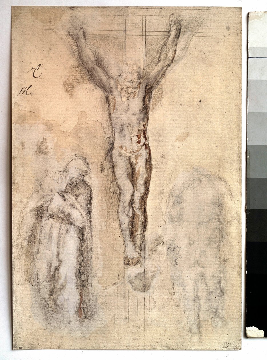 Tanulmány a keresztre feszítéshez Krisztus ábrázolása a kereszten Szűzzel és Szent Jánossal. Michelangelo Buonarroti dit Michelangelo rajza (Michelangelo vagy Michel Ange alkotó: Michelangelo Buonarroti