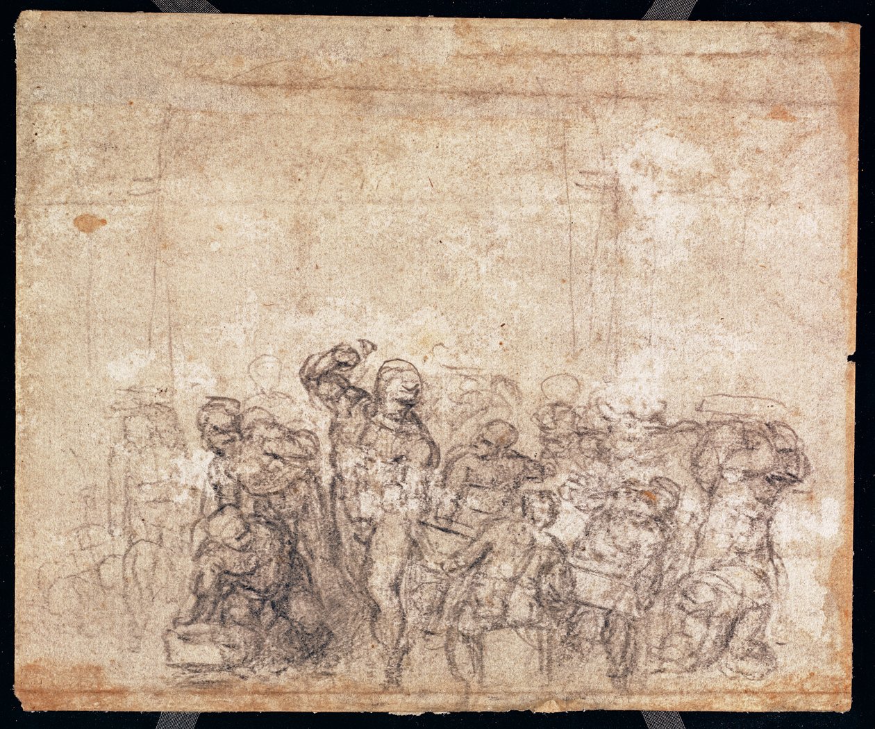 Egy narratív jelenet figuráinak tanulmányozása (fekete kréta a papíron) (fordítva) (lásd: 191777) (lásd még: 191767) alkotó: Michelangelo Buonarroti
