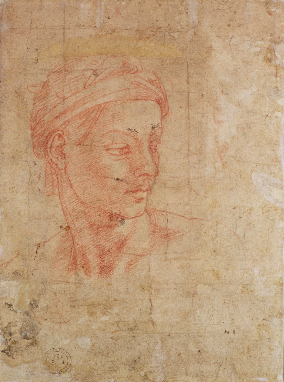 Fej tanulmányozása (piros kréta papíron) alkotó: Michelangelo Buonarroti
