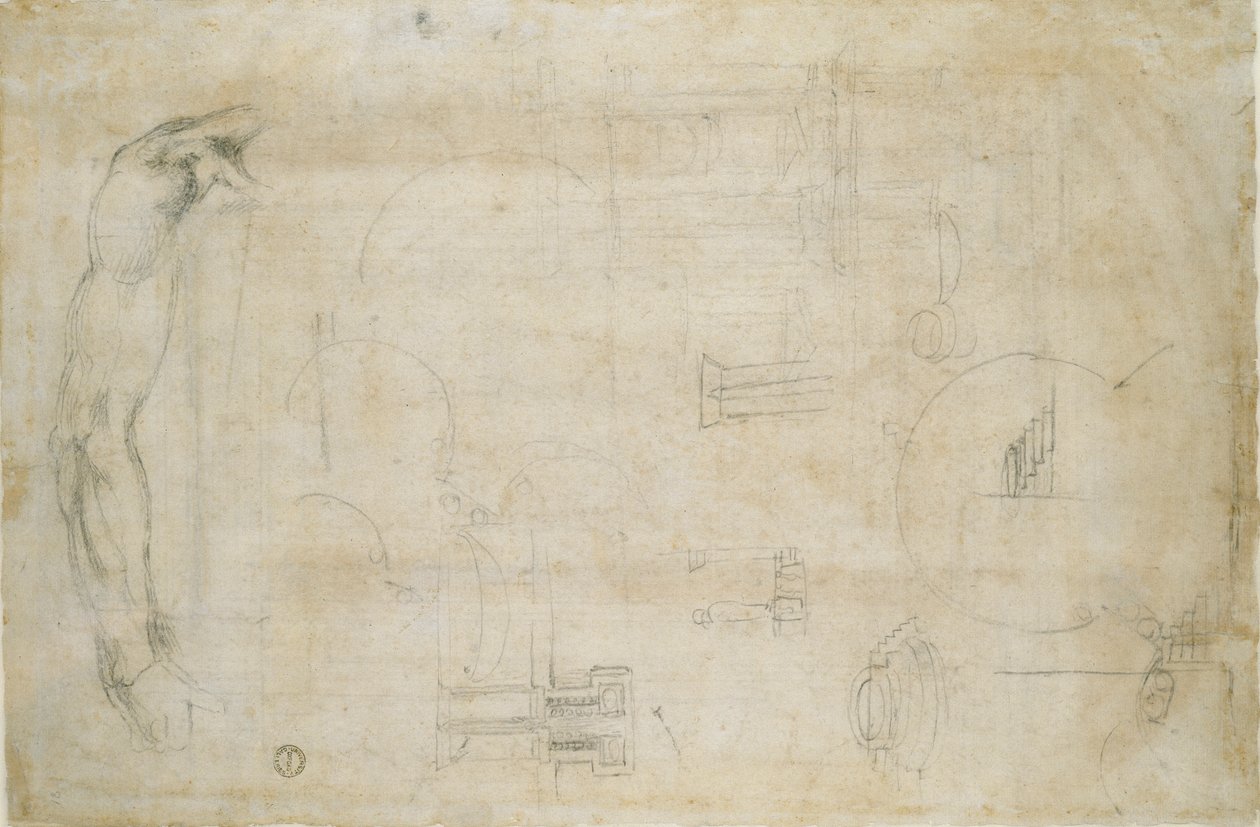 Tanulmány egy férfi karjáról és néhány építészeti vázlat, 1490-1560 alkotó: Michelangelo Buonarroti