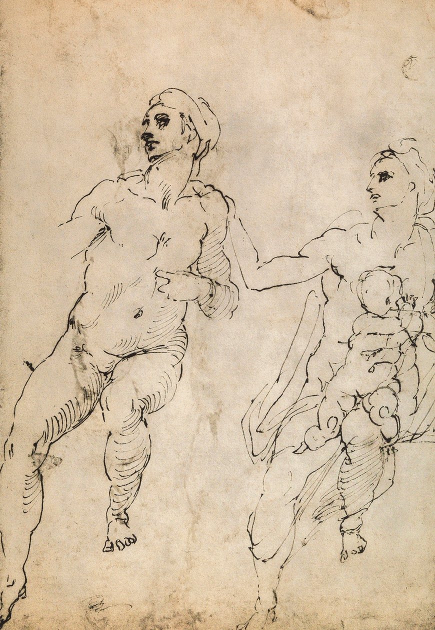 Néhány meztelen figura tanulmányozása; Michelangelo rajza. Louvre, Párizs alkotó: Michelangelo Buonarroti