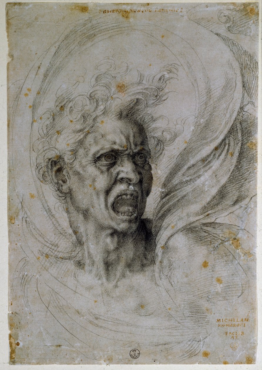 Egy sikoltozó férfi fejét tanulmányozza. Michelangelo Buonarroti (1475-1564) rajza. Firenze, Uffizi Múzeum (Firenze, Kabinetterv és az Uffizi bélyegei). alkotó: Michelangelo Buonarroti