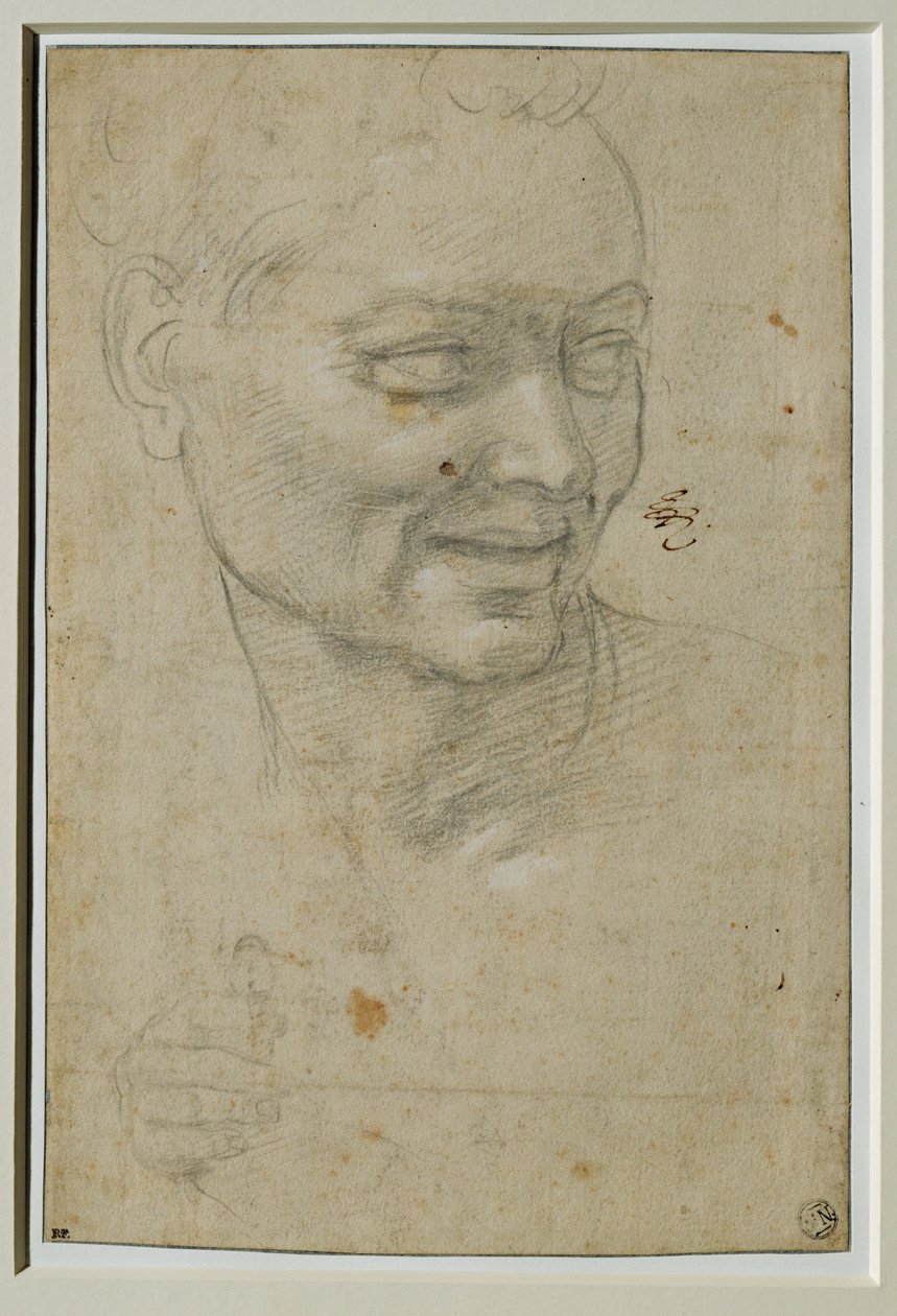Az ignudo feje és jobb keze Ézsaiás felett és balra, a Capella Sistina boltozatán ... alkotó: Michelangelo Buonarroti