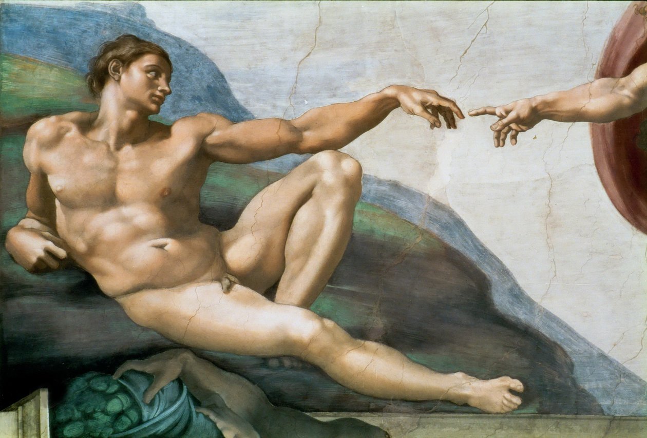 Ádám teremtése. Részletek Sixtus-kápolna mennyezete a Vatikánban, 1508-1512. alkotó: Michelangelo Buonarroti