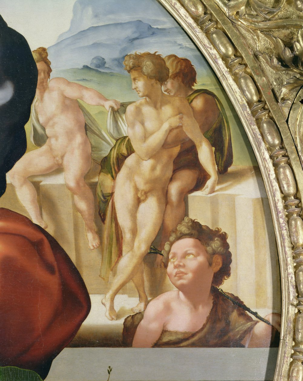 A Szent Család Szent Jánossal (Doni Tondo), a háttérben meztelen figurákkal alkotó: Michelangelo Buonarroti